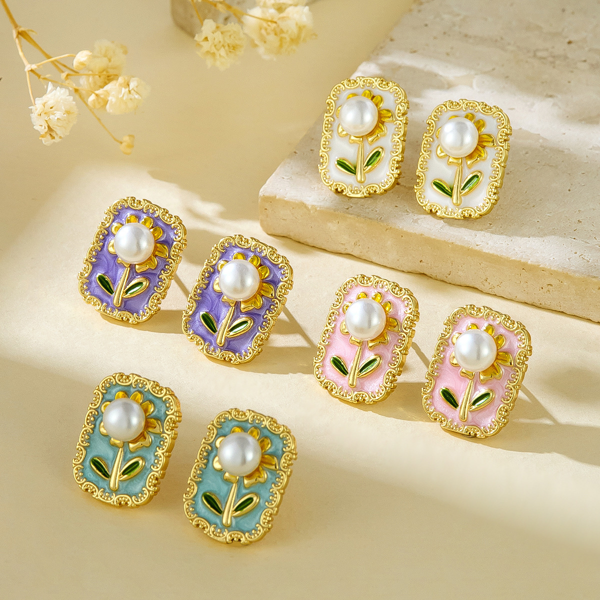 Enamel Floral Pearl Studs,Anti-Tarnish